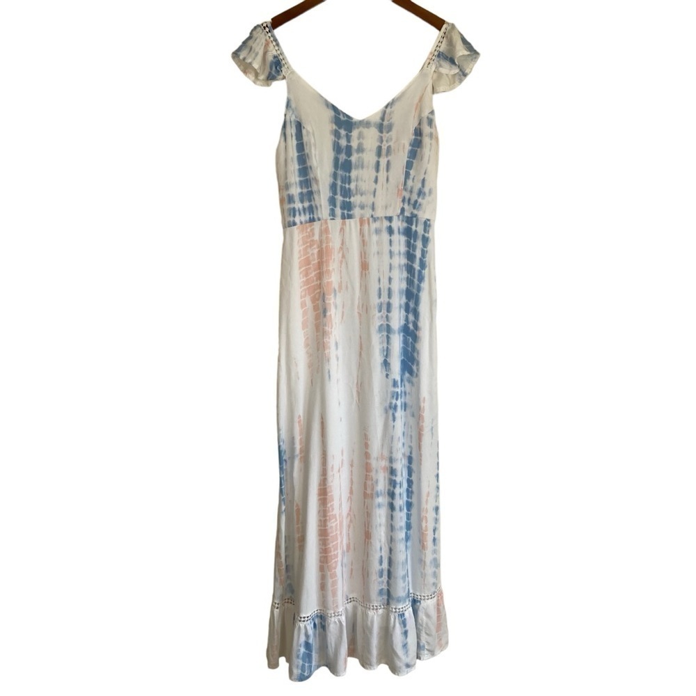 JAPNA Tie Dye Smocked Crochet Maxi Dress Ruffled Cap Sleeves White/Blue/Pink M